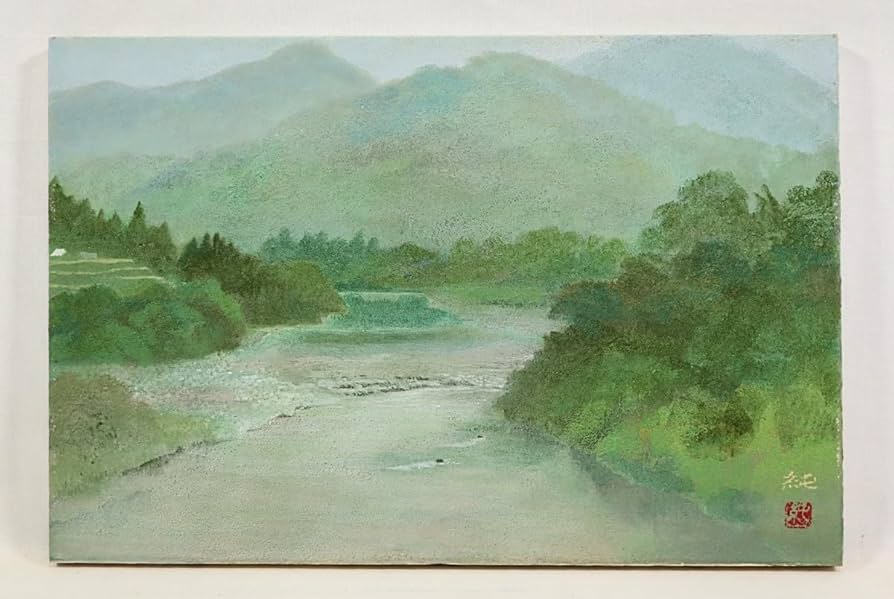 【真作】絵画　日本画　山水風景画　静寂の集落と山々の調和　自然美の表現　V18 真作］川口穂村 作「水墨山水」絹本 山水図 日本画 絵画 日本